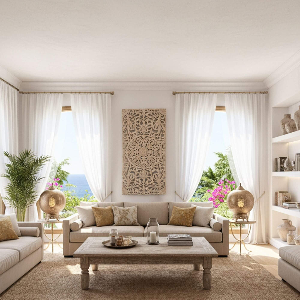 Interior view featuring the Mandala Panel White Wash as a wall décor piece.