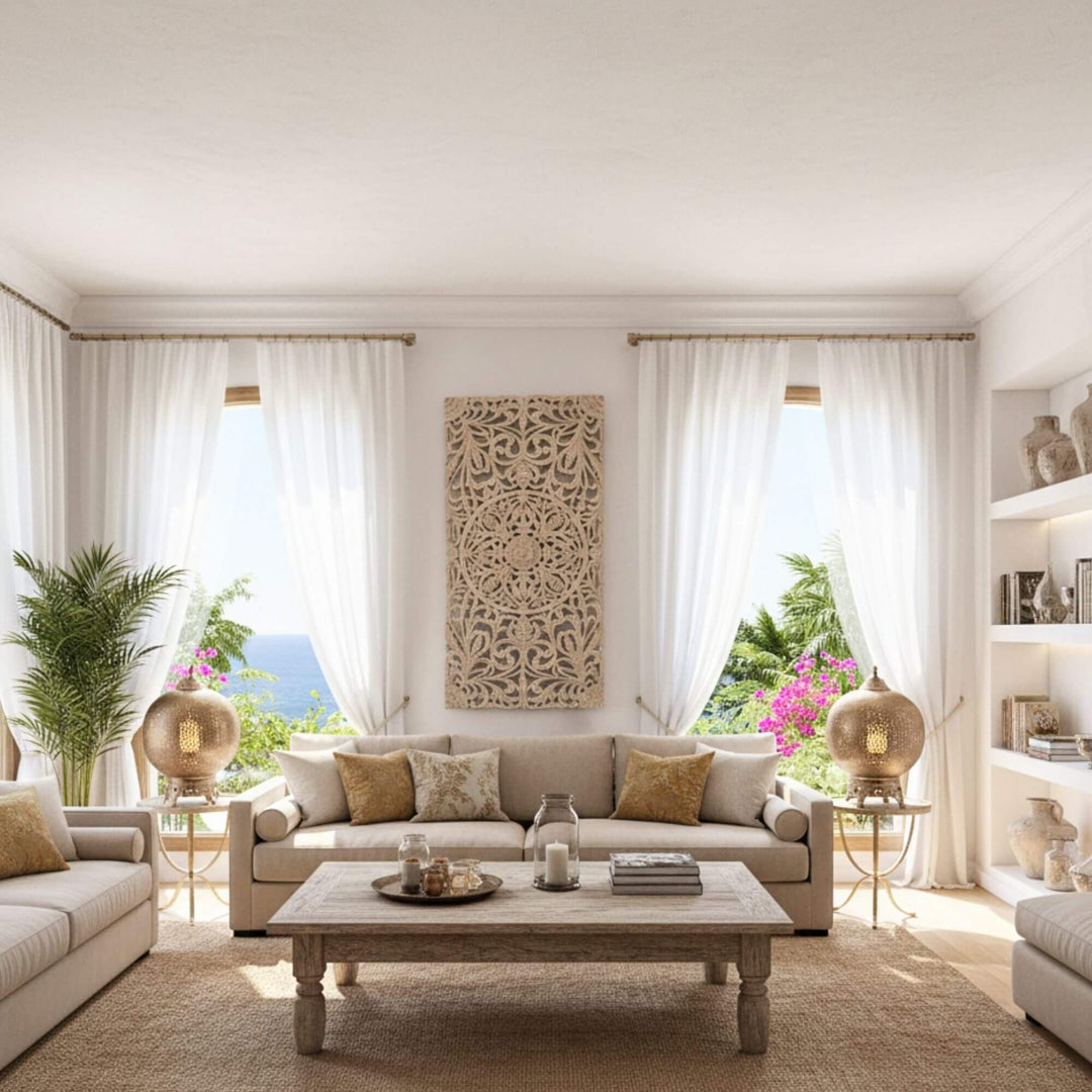 Interior view featuring the Mandala Panel White Wash as a wall décor piece.