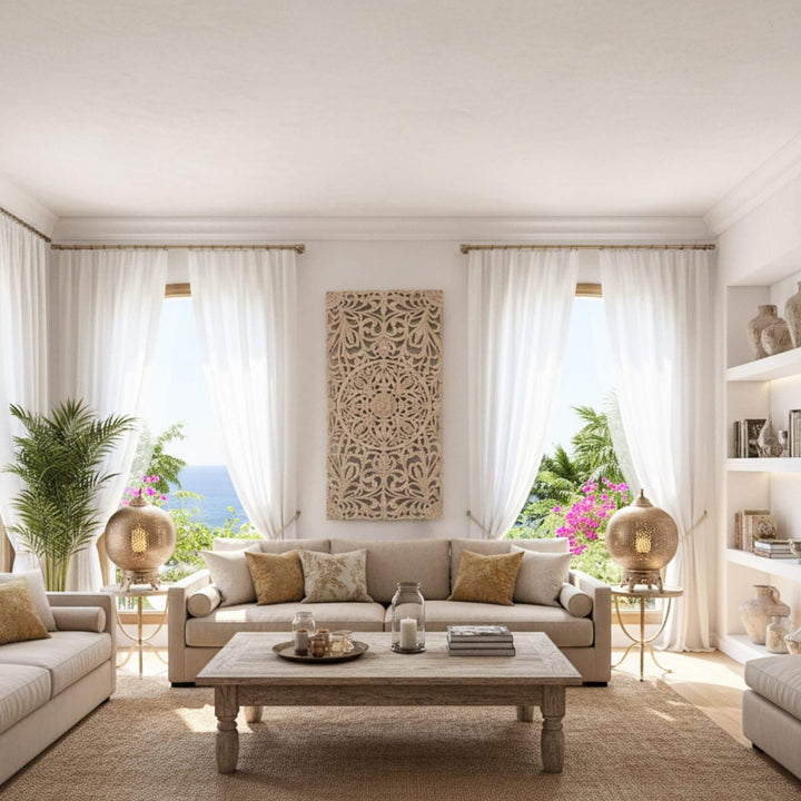 Interior view featuring the Mandala Panel White Wash as a wall décor piece.