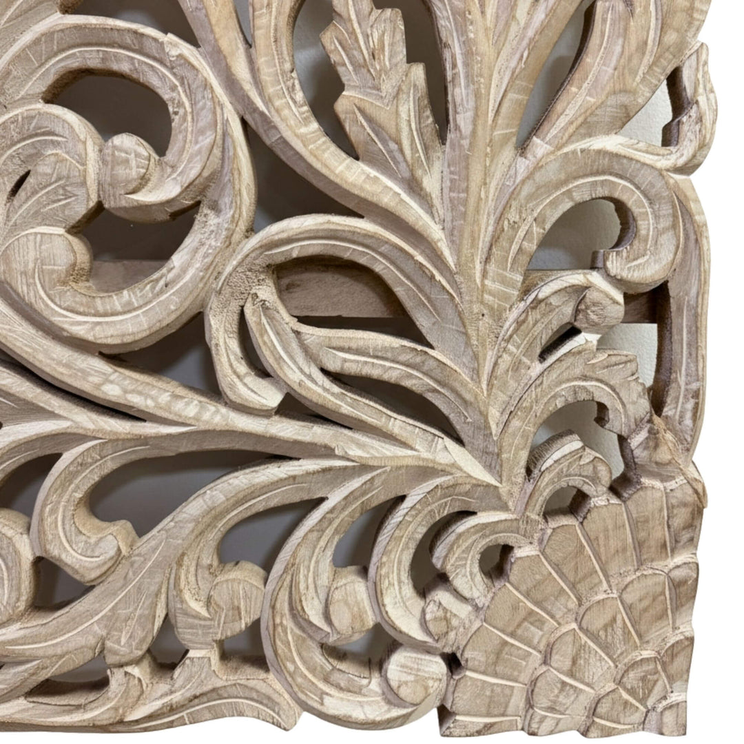 Detailed texture view of the hand-carved floral patterns on the Mandala Panel.