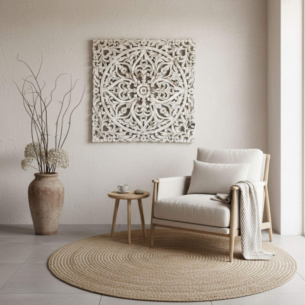Styled living room scene featuring the white-wash mandala panel on the wall.