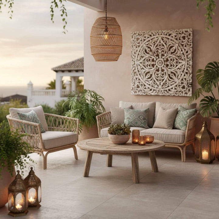 Boho-inspired living area showcasing the mandala wall art.