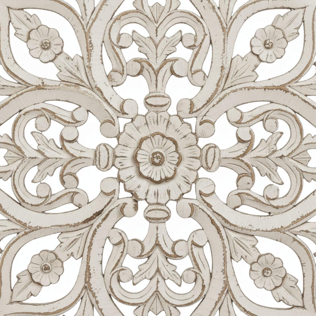 Detail of the intricate reclaimed wood texture and carving.