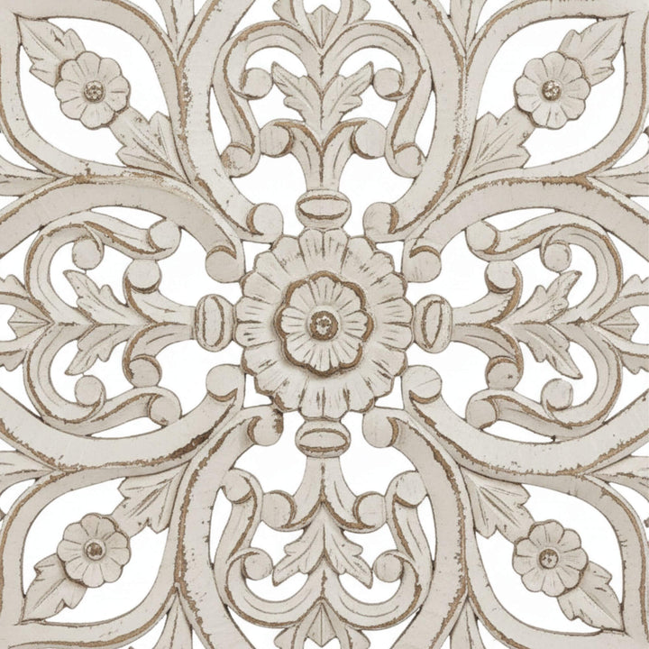 Detail of the intricate reclaimed wood texture and carving.