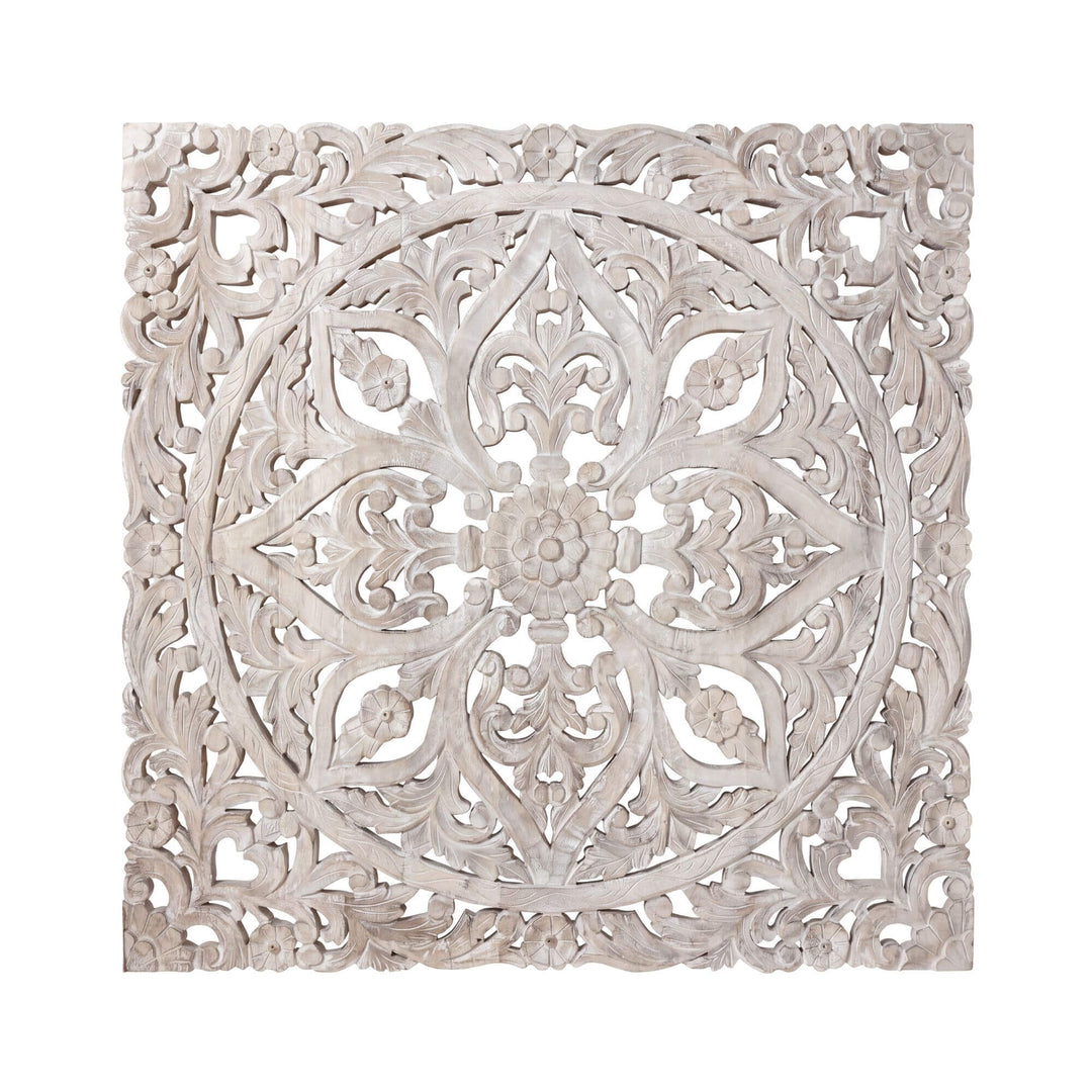 Front view of the Mandala wall decoration with intricate floral carving and distressed white reclaimed wood finish