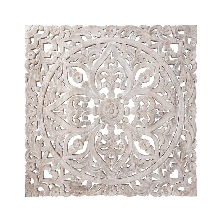 Front view of the Mandala wall decoration with intricate floral carving and distressed white reclaimed wood finish