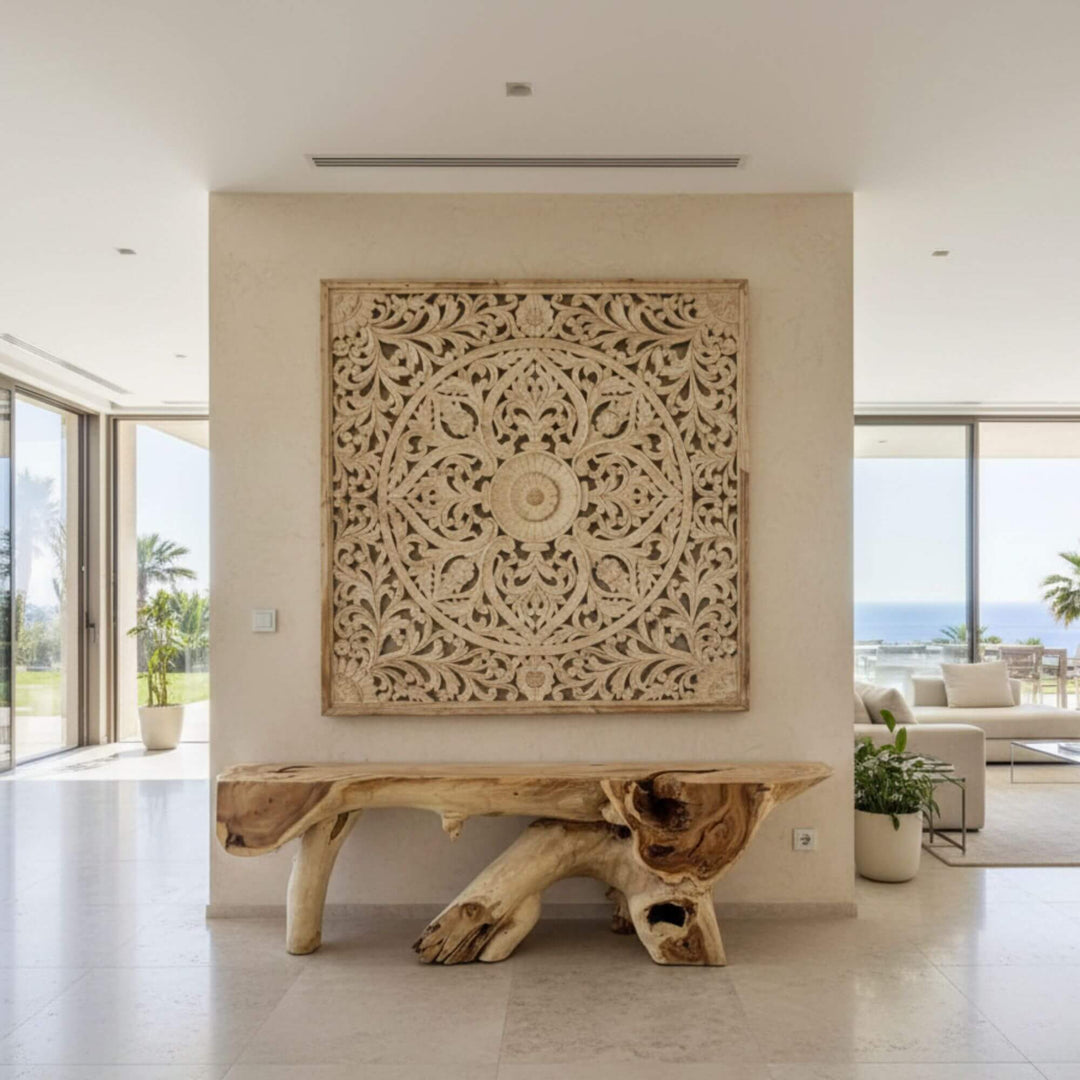 Interior setting showing the carved mandala wall art as a decorative focal piece.
