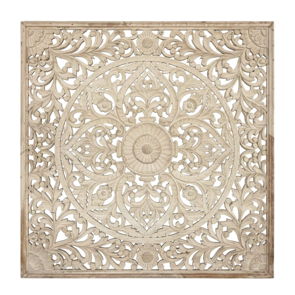 Large Mandala Wall Deco in white wash handcrafted from reclaimed wood.