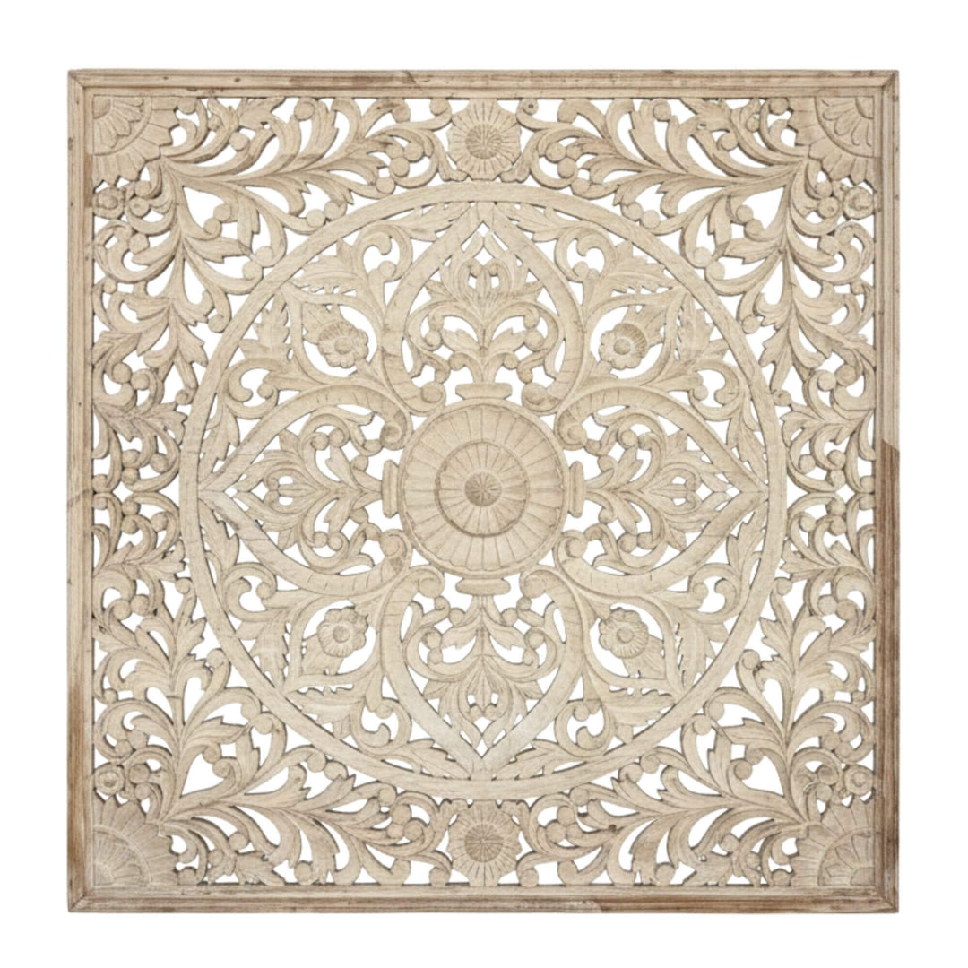 Large Mandala Wall Deco in white wash handcrafted from reclaimed wood.