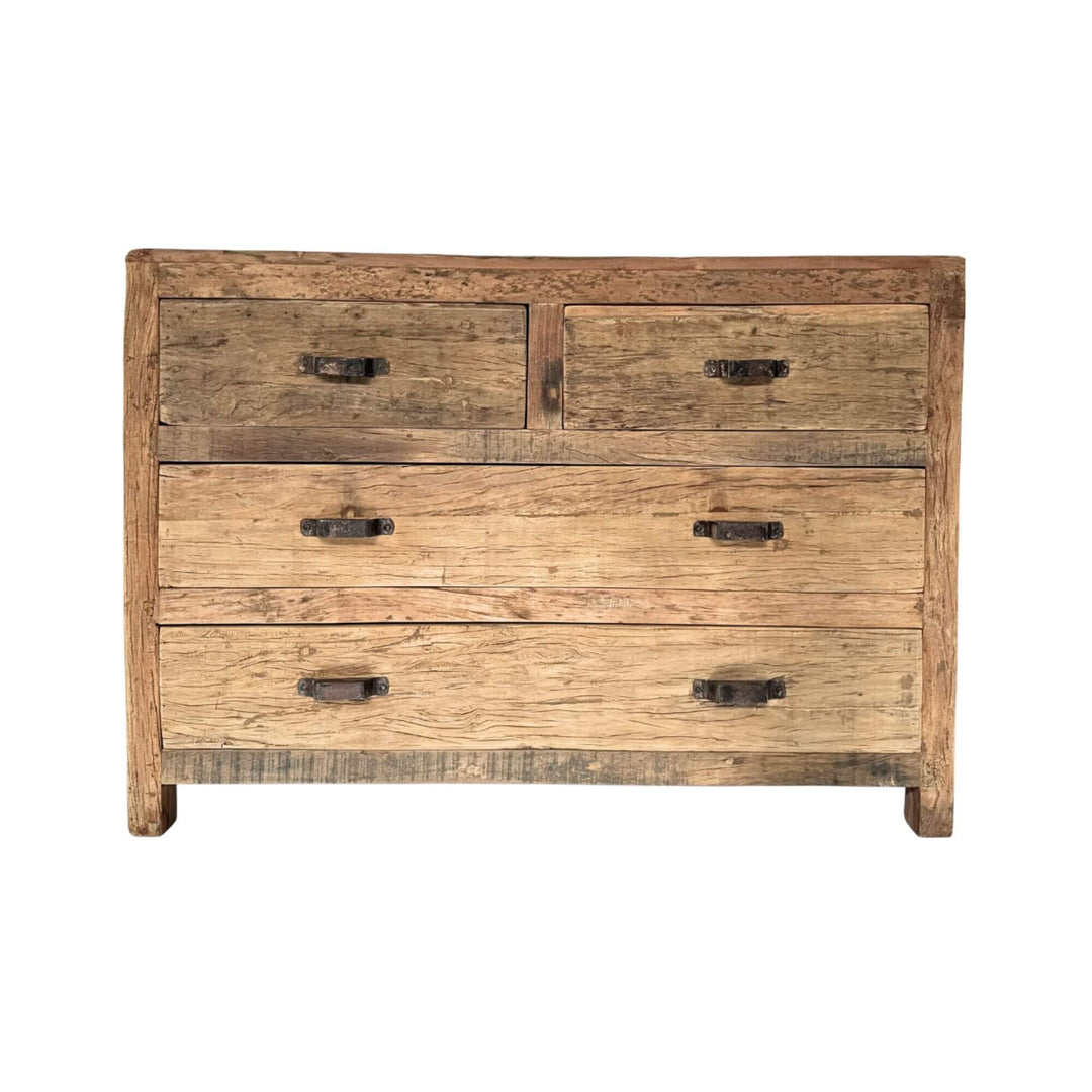 Front view of reclaimed wood buffet with drawers and metal details