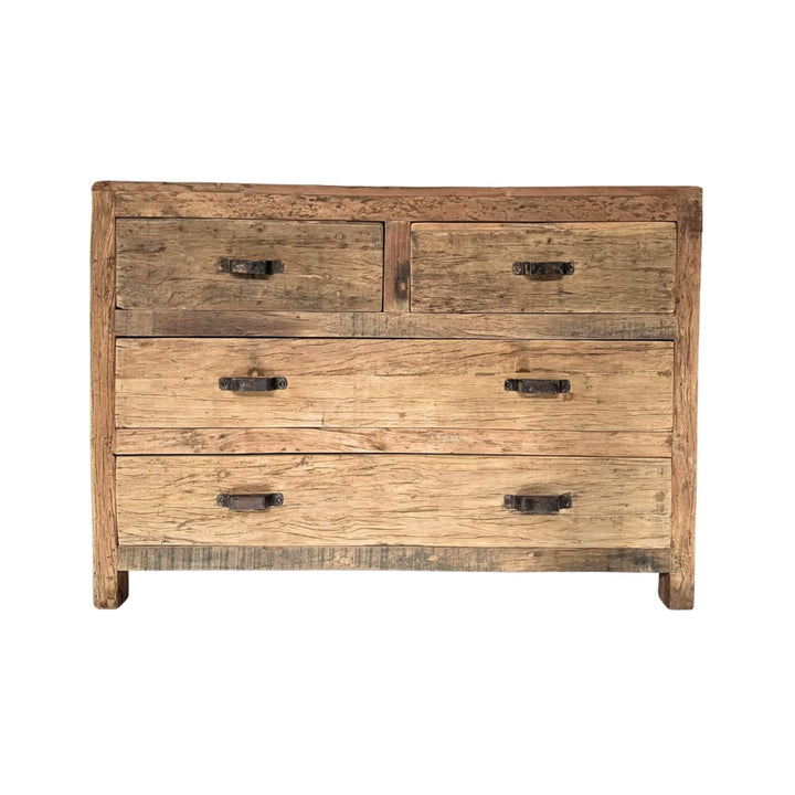 Front view of reclaimed wood buffet with drawers and metal details