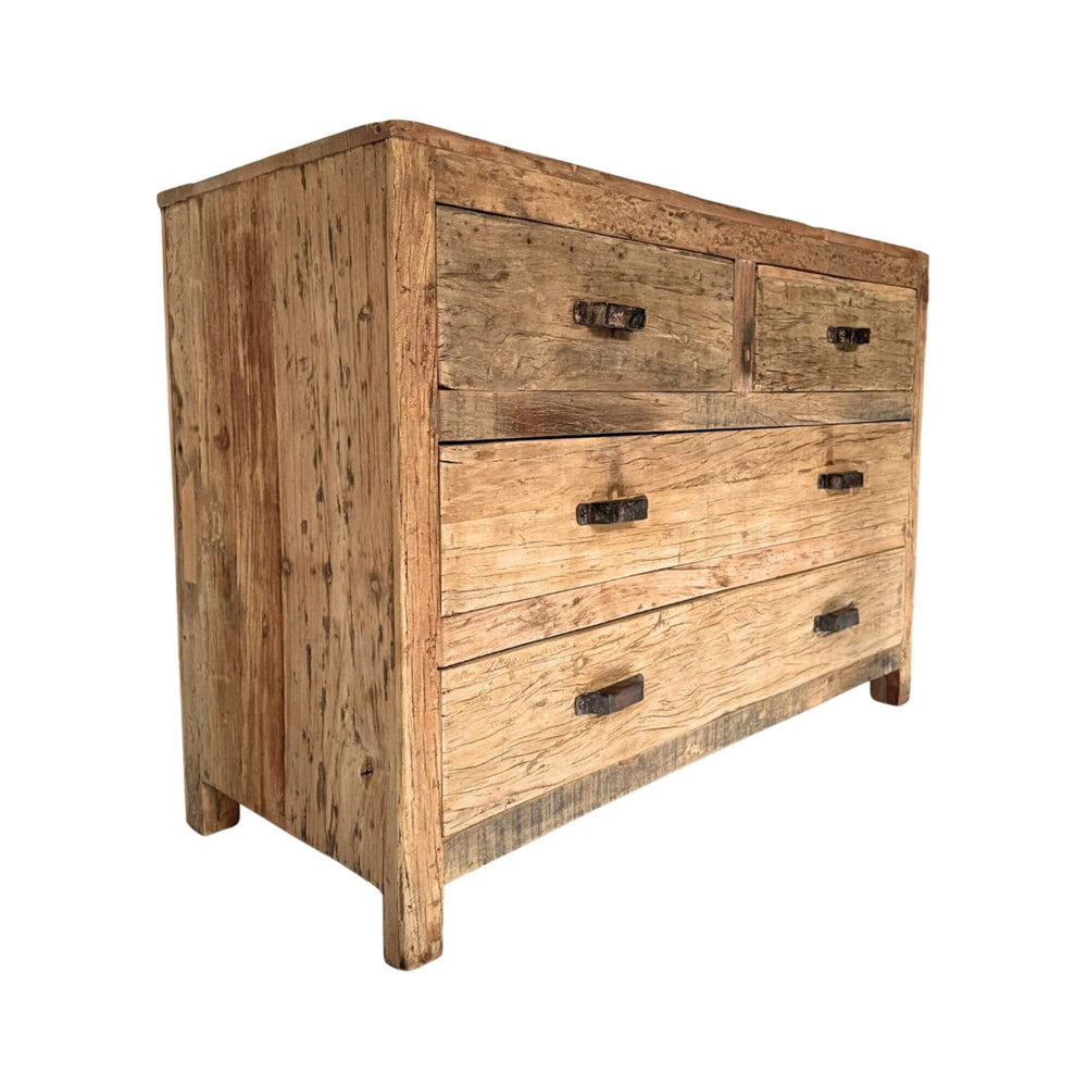 Angled view of rustic wooden sideboard with storage drawers