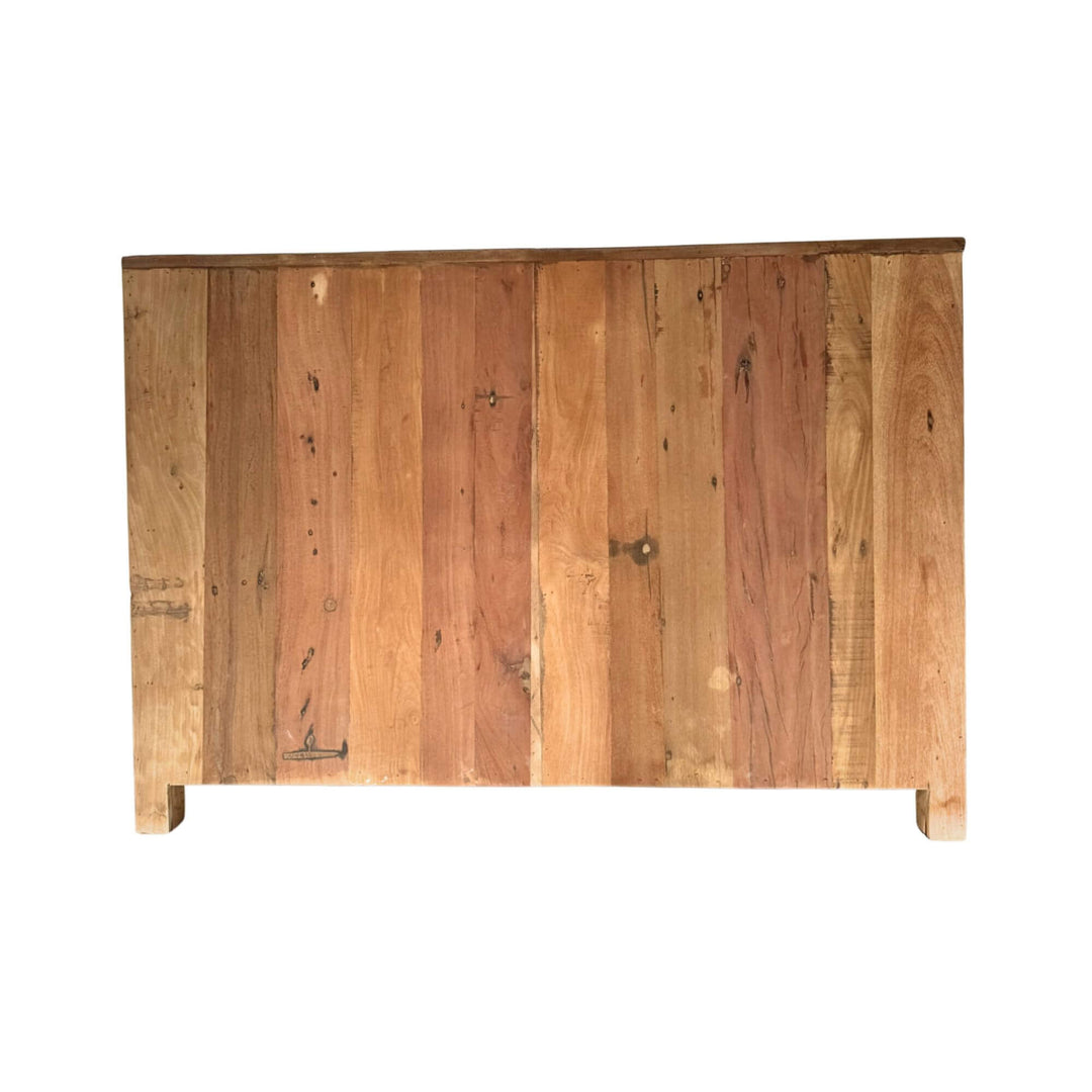 Back view of industrial style buffet in reclaimed wood and metal