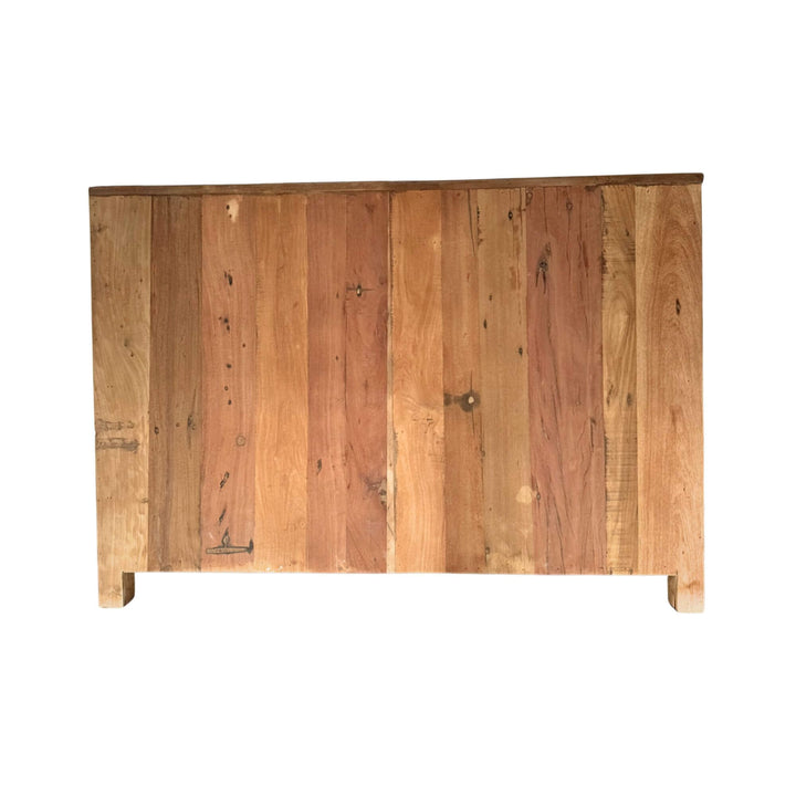 Back view of industrial style buffet in reclaimed wood and metal