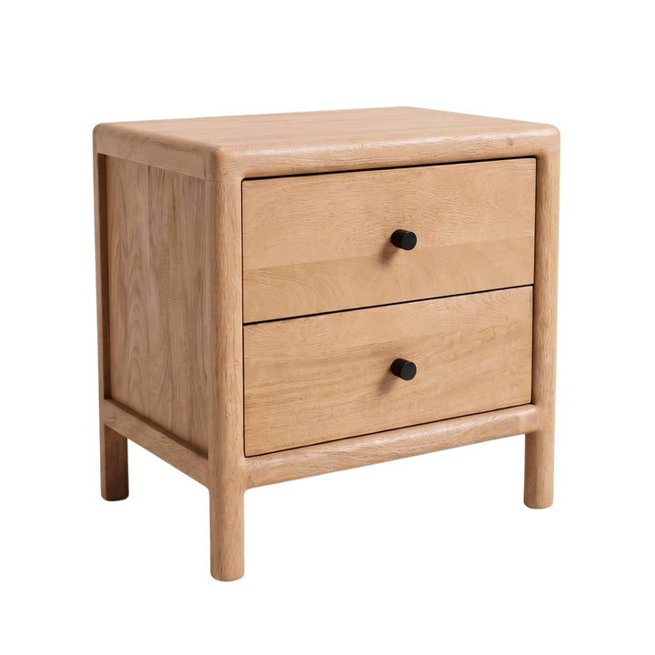 Front view of the mango bedside table showing its two drawers, rounded frame, and natural wood finish.