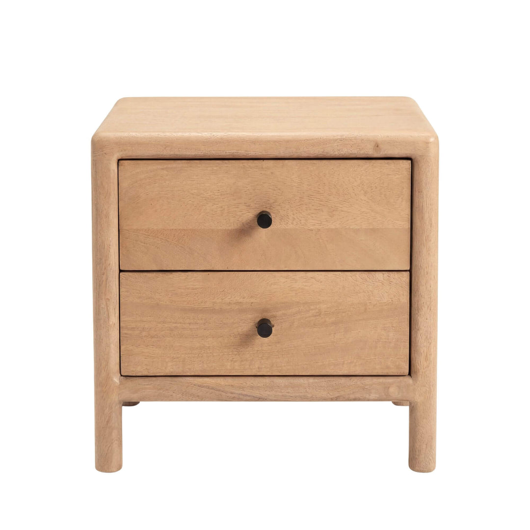 Front view of the bedside table highlighting its compact proportions and simple two-drawer design.