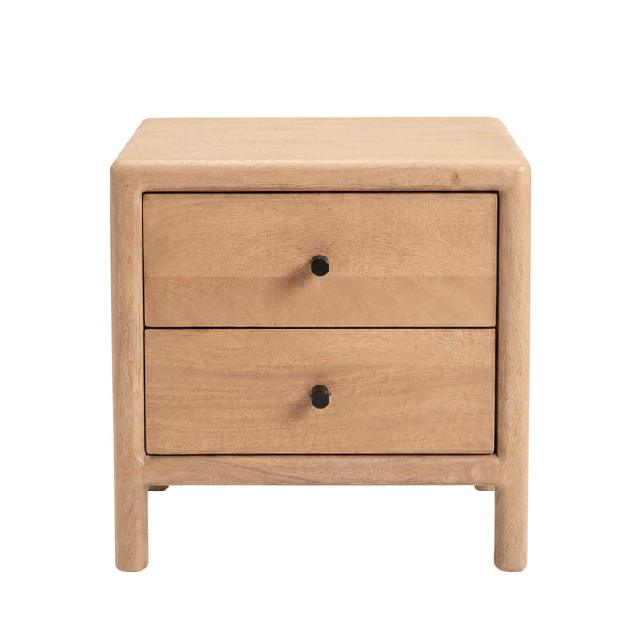 Front view of the bedside table highlighting its compact proportions and simple two-drawer design.