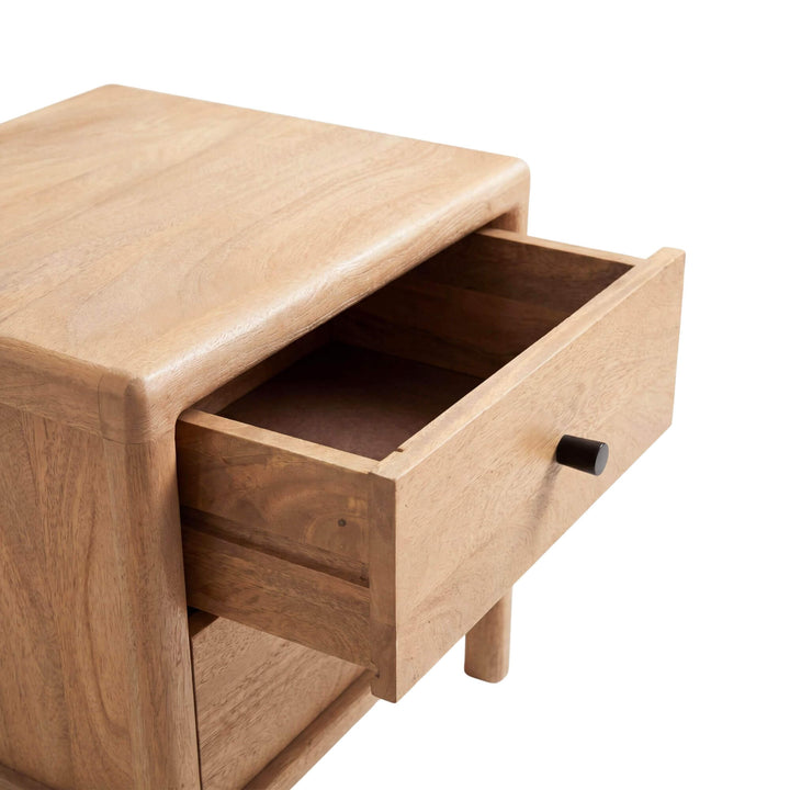 Close-up detail of the open drawer showing the wood interior and practical storage space.