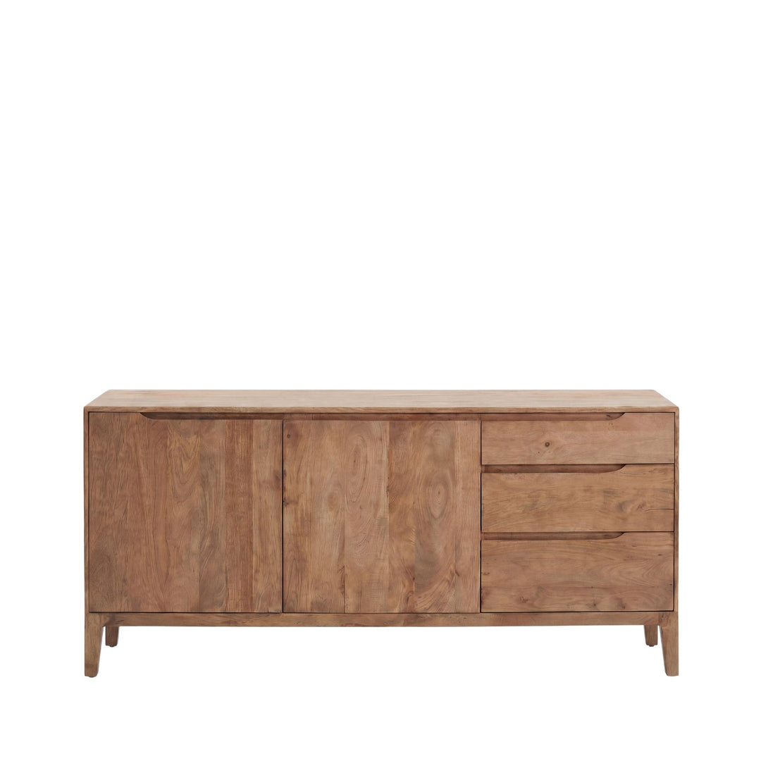 Front view of the Mango Country buffet showing its natural wood finish, cabinet doors, and side drawers.