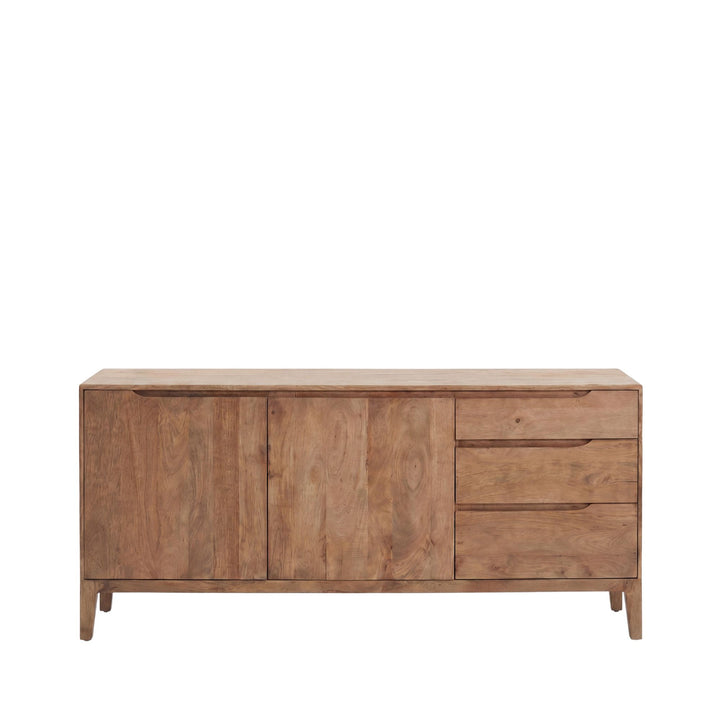 Front view of the Mango Country buffet showing its natural wood finish, cabinet doors, and side drawers.