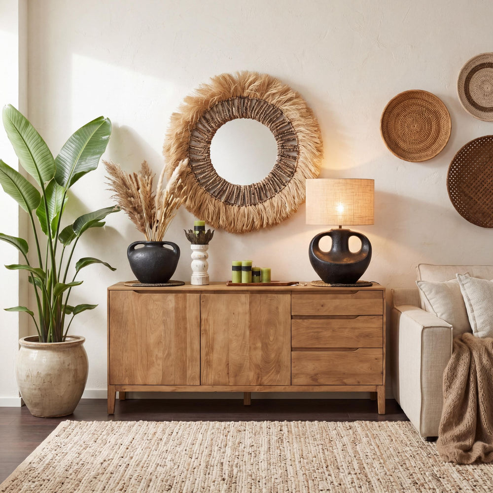 Styled interior setting featuring the Mango Country buffet in a warm natural room with decorative accents.