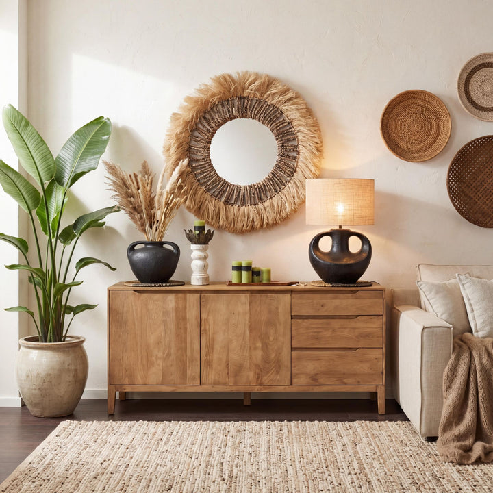 Styled interior setting featuring the Mango Country buffet in a warm natural room with decorative accents.