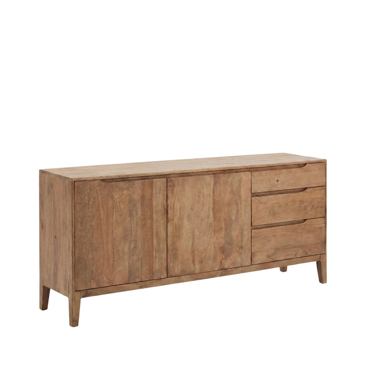 Front angled view of the buffet highlighting its clean lines and practical storage layout.
