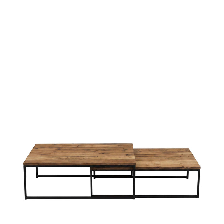 Front view of the mango industrial coffee table set showing its nested design, wood tops, and black iron frames.