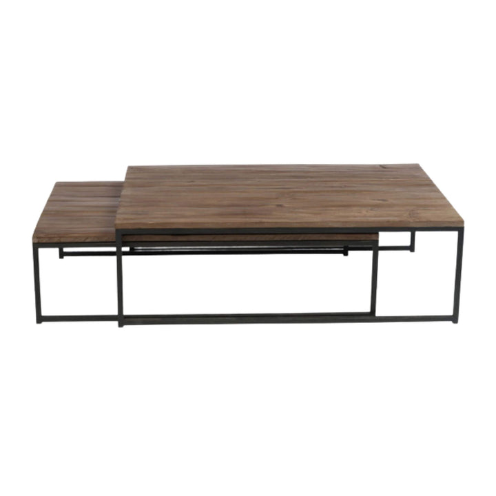 Front view of the Mango Industrial Coffee Table Set with mango wood tops and black iron frame.