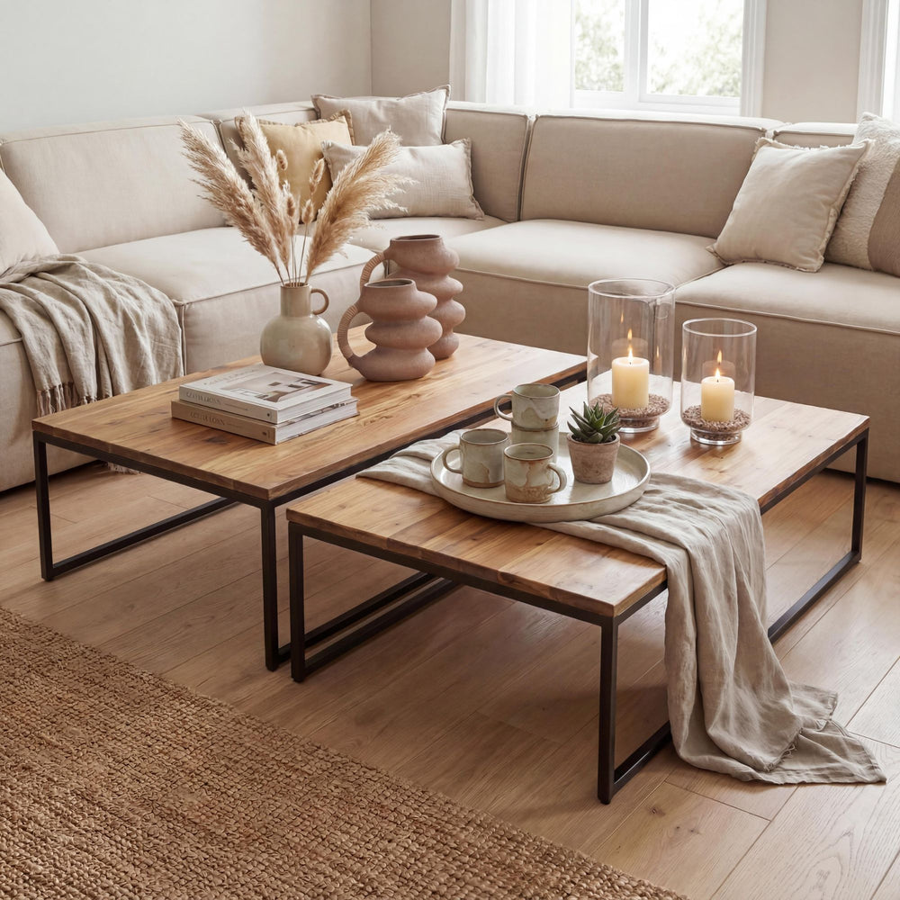 Styled living room setting featuring the mango industrial coffee tables in a warm contemporary interior.