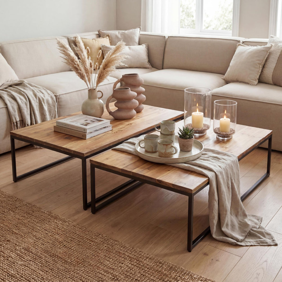Styled living room setting featuring the mango industrial coffee tables in a warm contemporary interior.