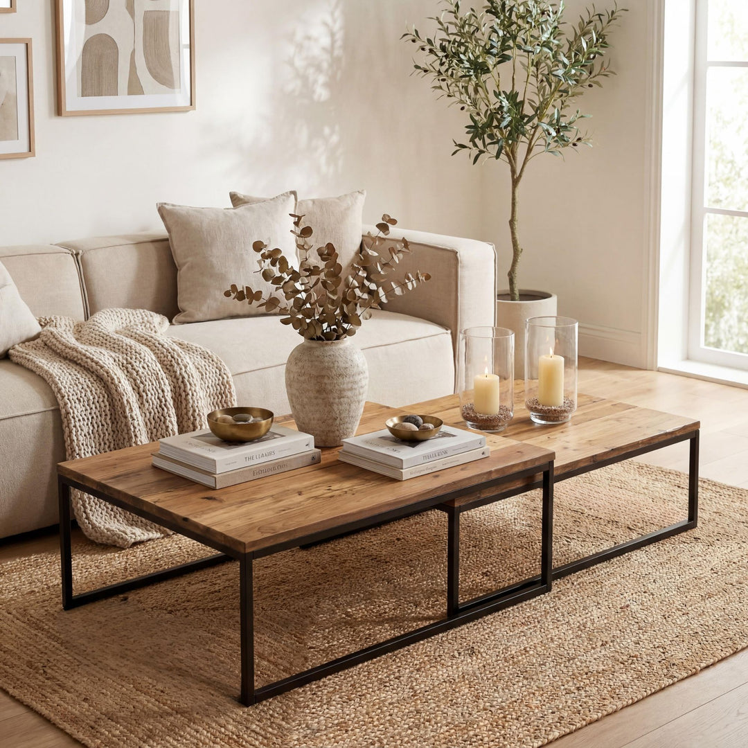 Styled interior view showing the layered arrangement of the nested coffee table set beside a sofa.