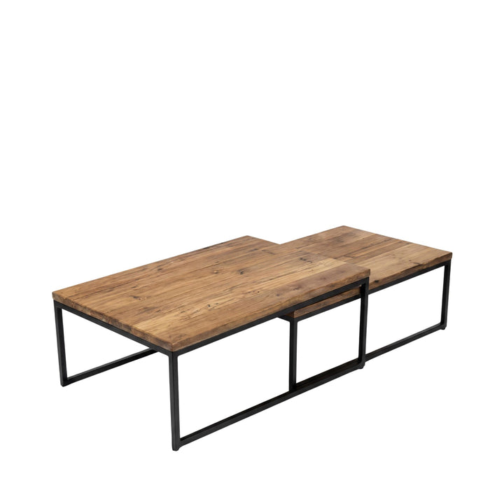 Front angled view of the larger coffee table highlighting its slim iron frame and natural mango wood top.