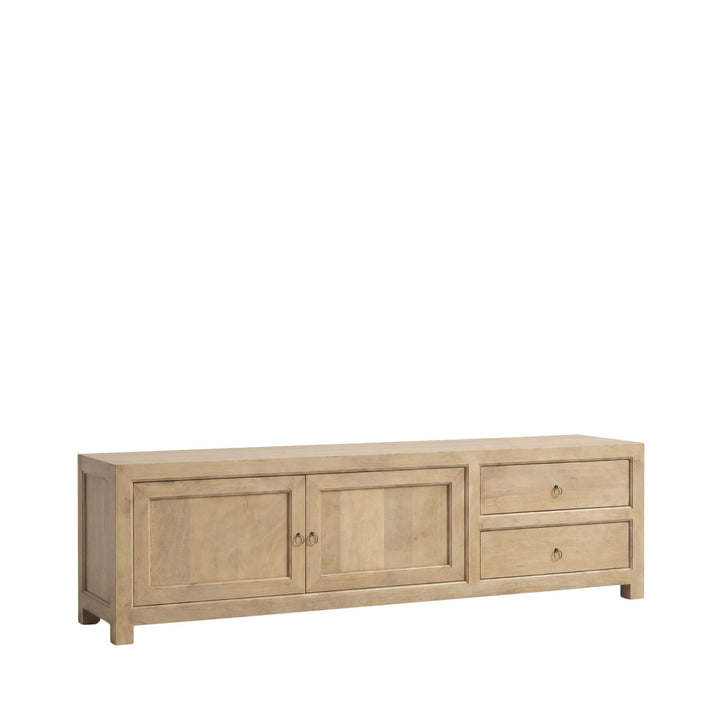 Front angled view of the Mango TV console with two cabinet doors, two drawers, and natural wood finish