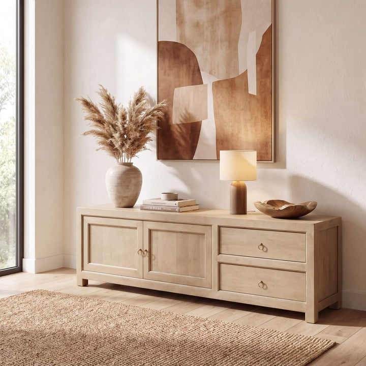 Mango wood TV console styled with lamps and decorative objects in a warm neutral living room