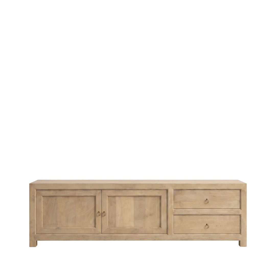 Front view of the Mango TV console showing its paneled cabinet doors and two storage drawers
