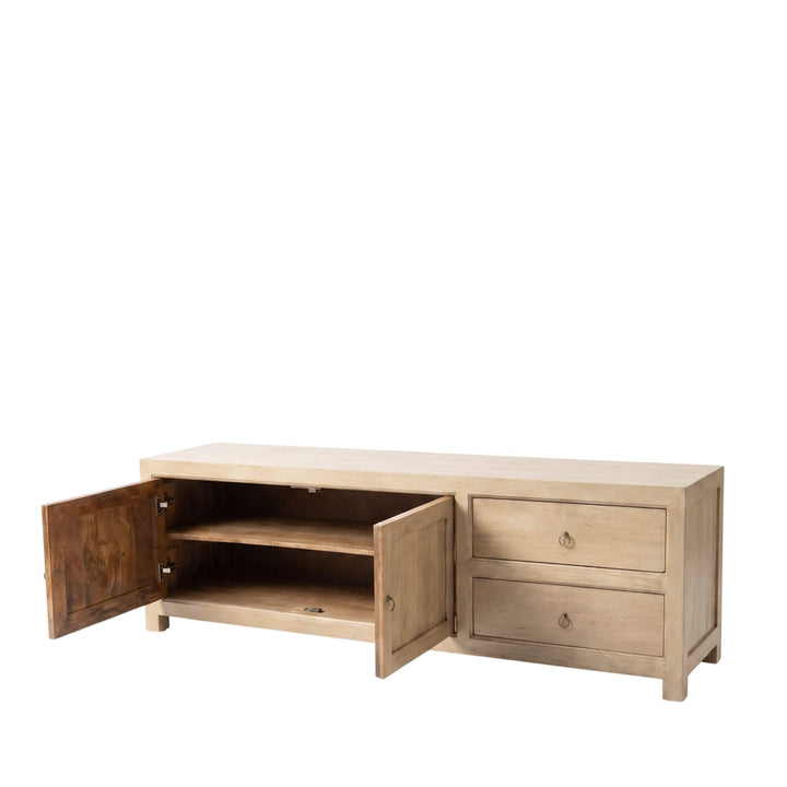 Mango TV console with cabinet doors open revealing spacious interior shelving and drawers