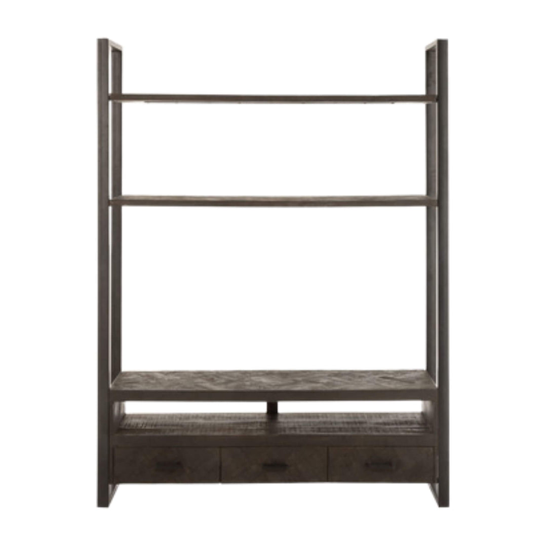 Mango TV Shelf in black iron with mango wood shelves and drawers, front view.