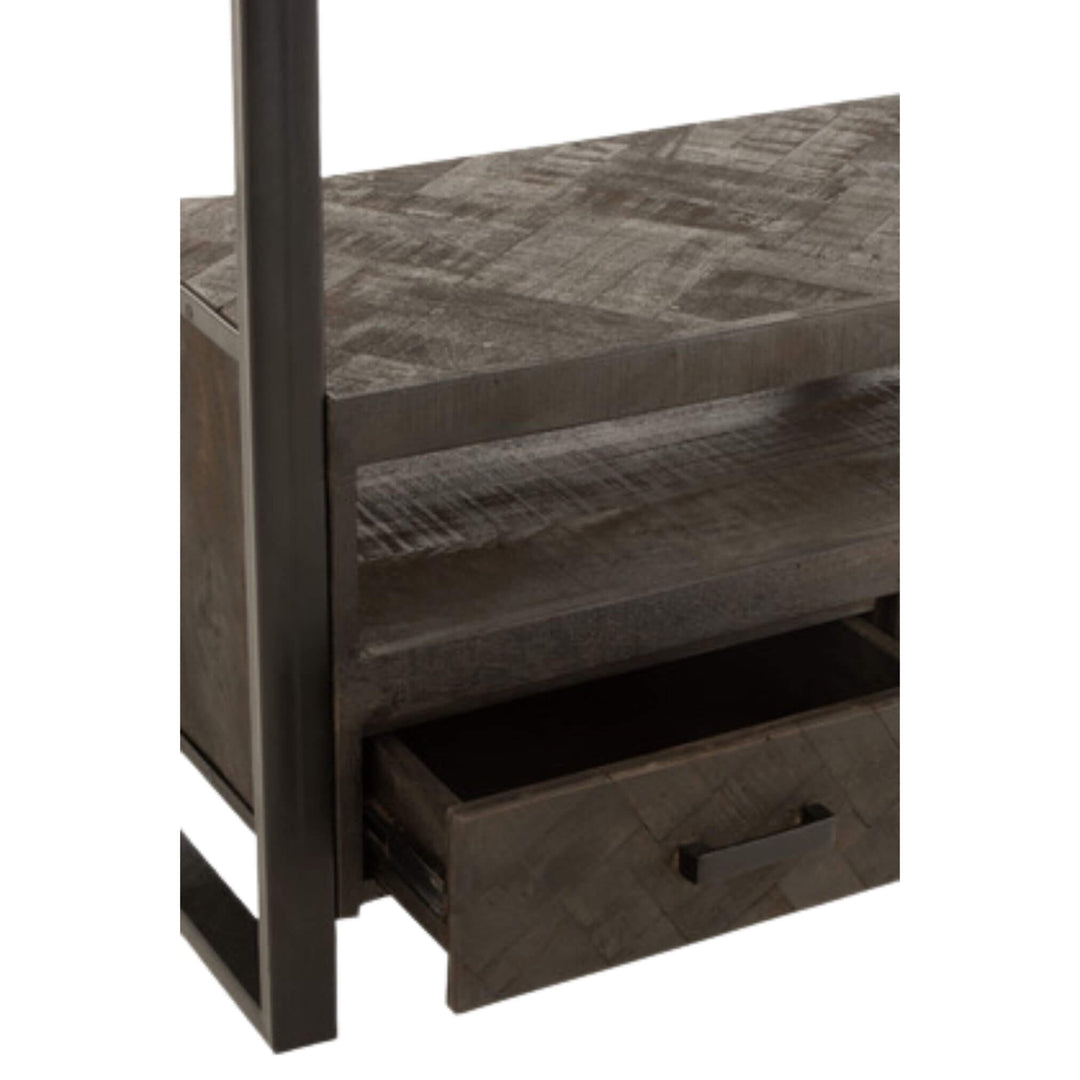 Open drawer of Mango TV Shelf showing interior storage space.