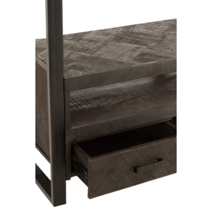 Open drawer of Mango TV Shelf showing interior storage space.