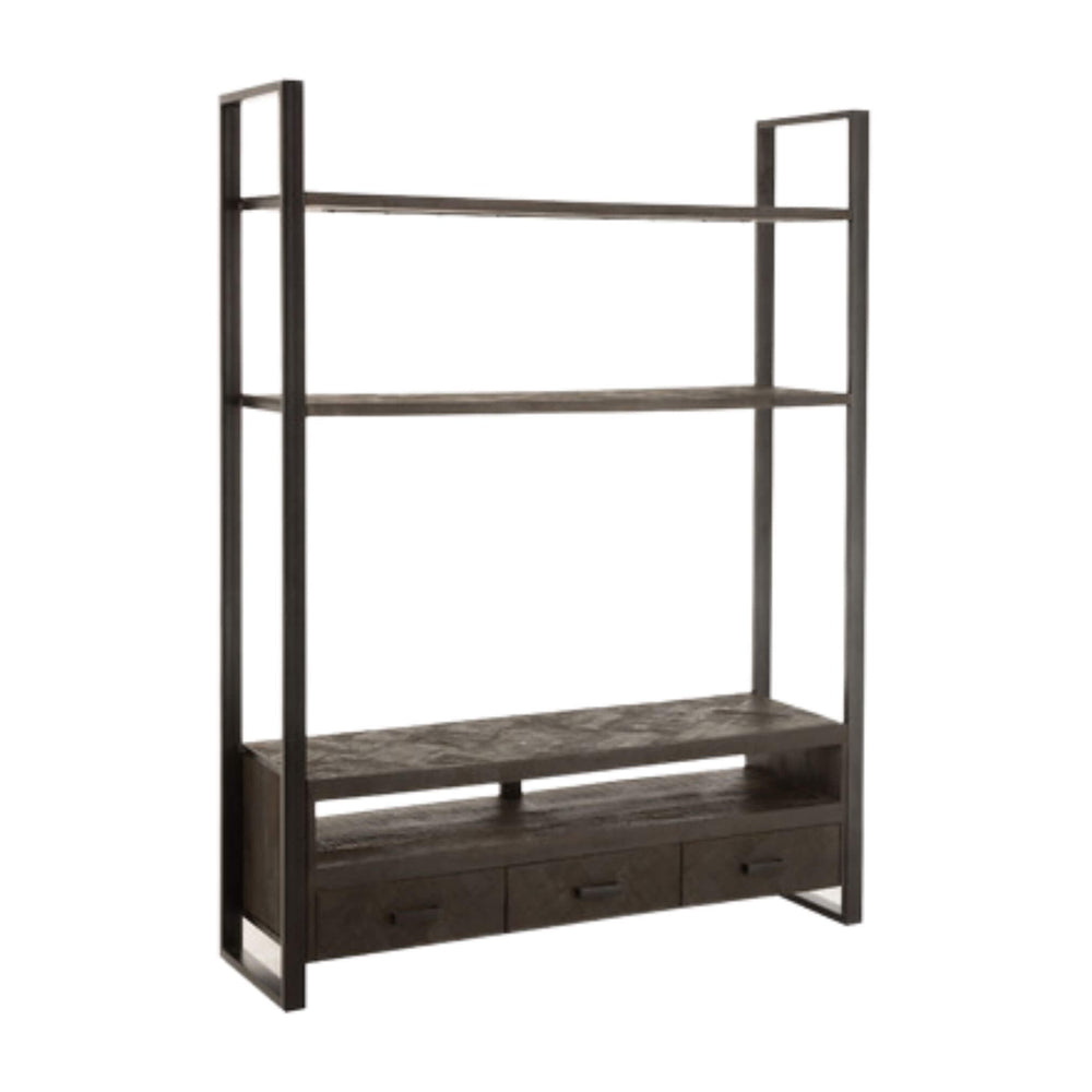 Industrial-style Mango TV Shelf angled view with open shelves and storage drawers.