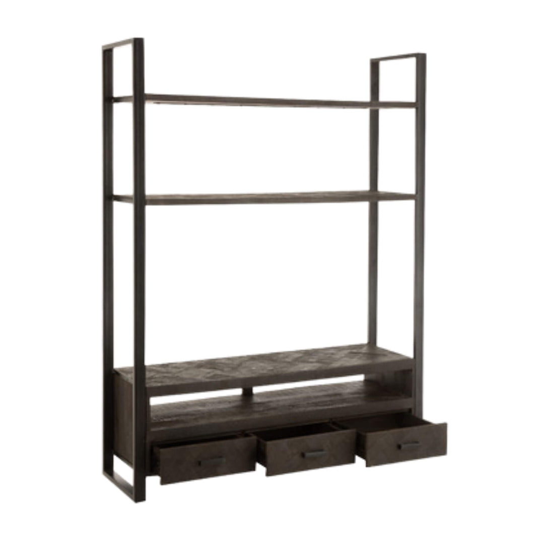 Open drawer of Mango TV Shelf showing interior storage space.