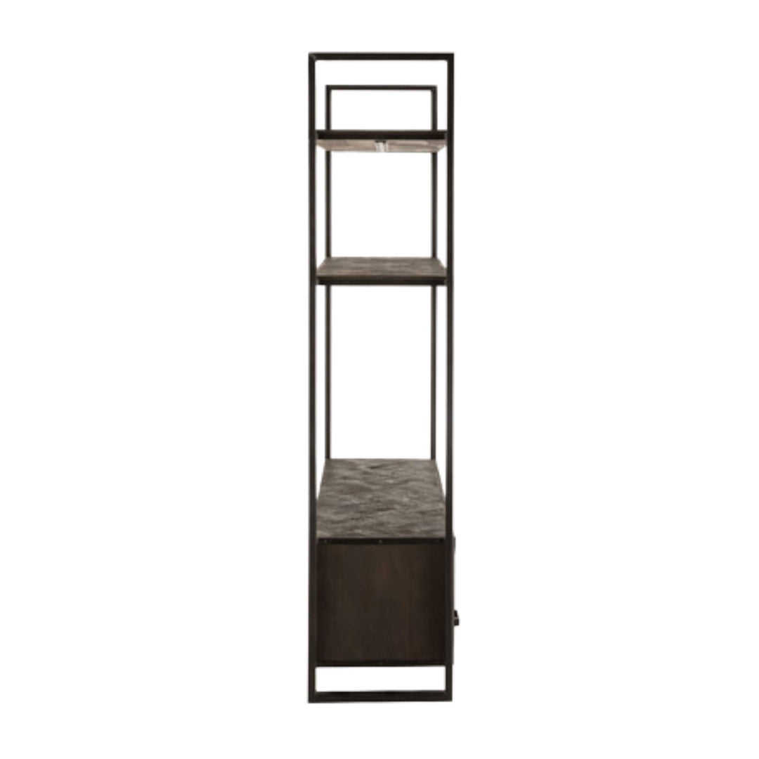 Side view of Mango TV Shelf showing black iron frame and wooden shelving.