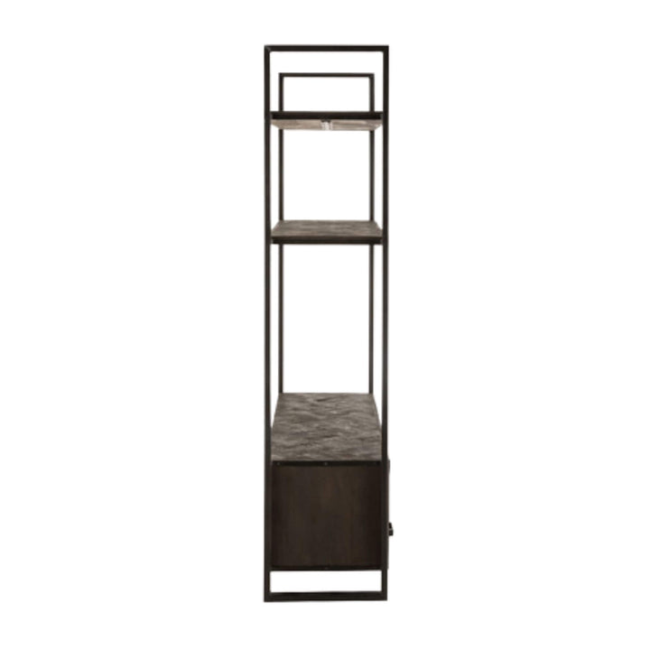 Side view of Mango TV Shelf showing black iron frame and wooden shelving.