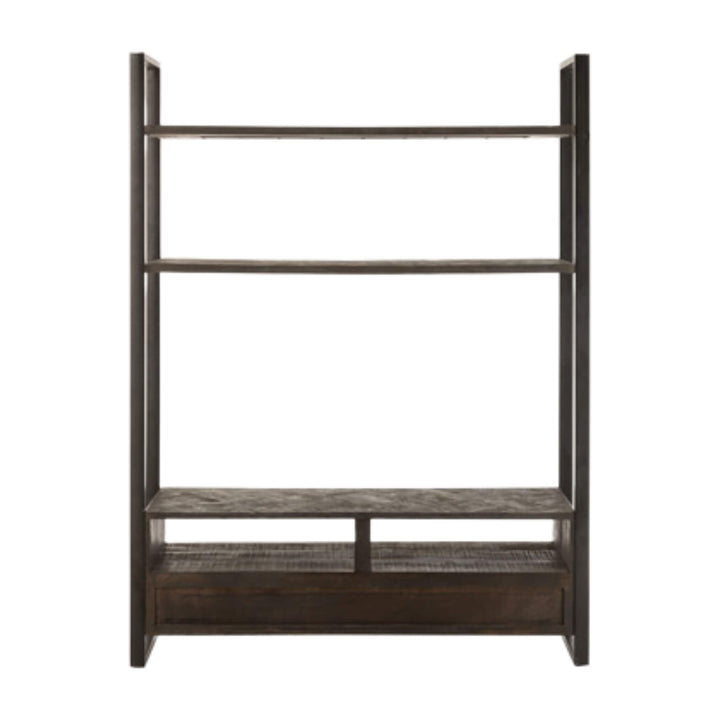Mango TV Shelf in black iron with mango wood shelves and drawers, rear view.