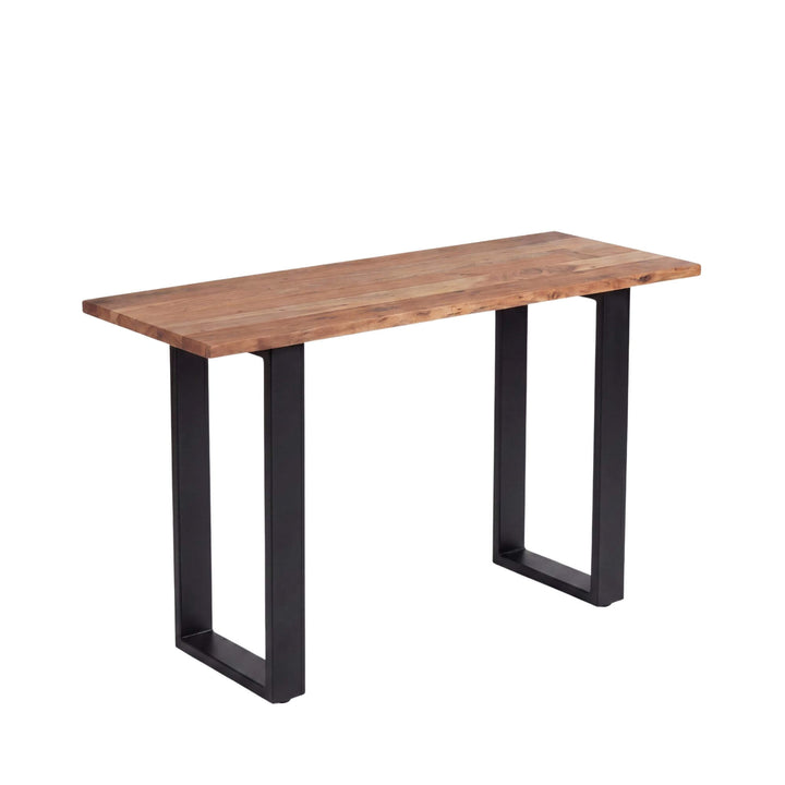 Front view of the mango wood console showing its natural wood top and black iron legs.