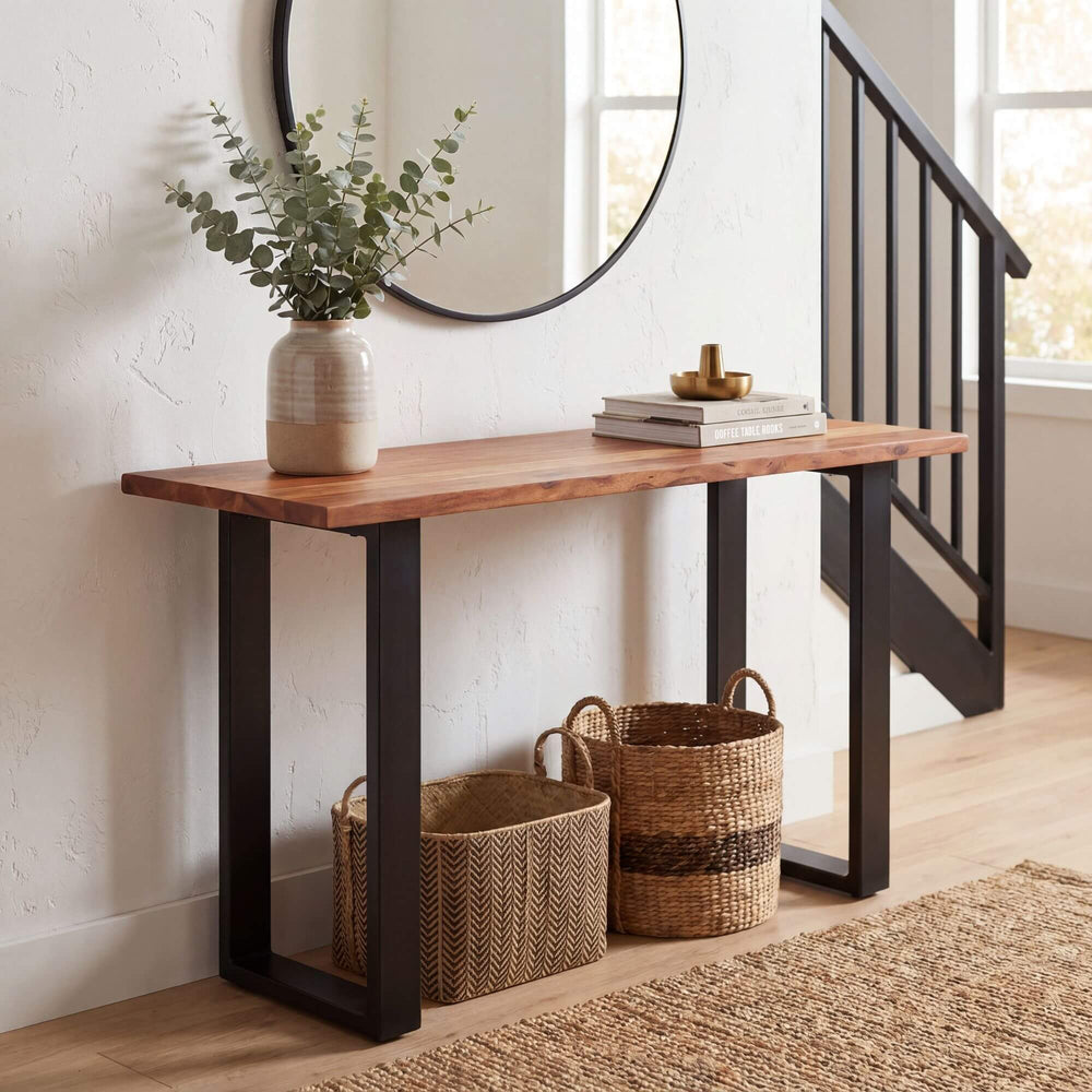 Styled interior setting featuring the mango wood console in a warm natural hallway space.