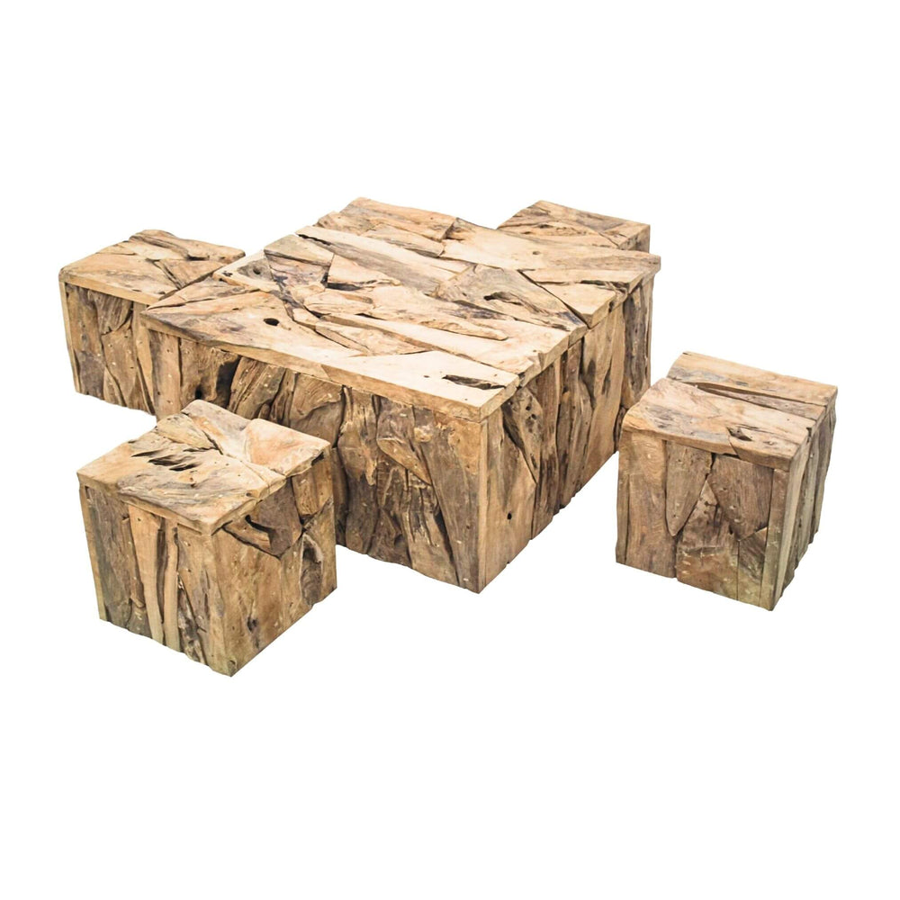 Set of Manihi teak wood tables in different sizes and shapes