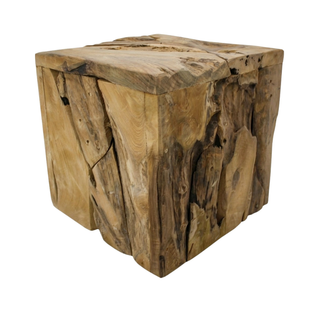 Front view of the Manihi teak wood stool showcasing its solid recycled wood block form.