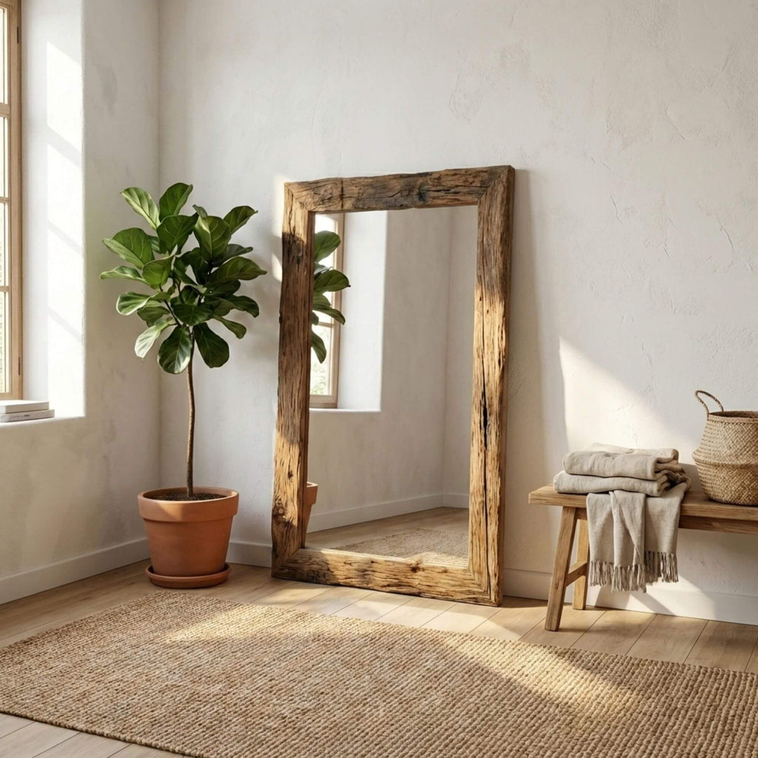 Styled interior setting featuring the Mansolu mirror leaning against a wall in a natural living space.
